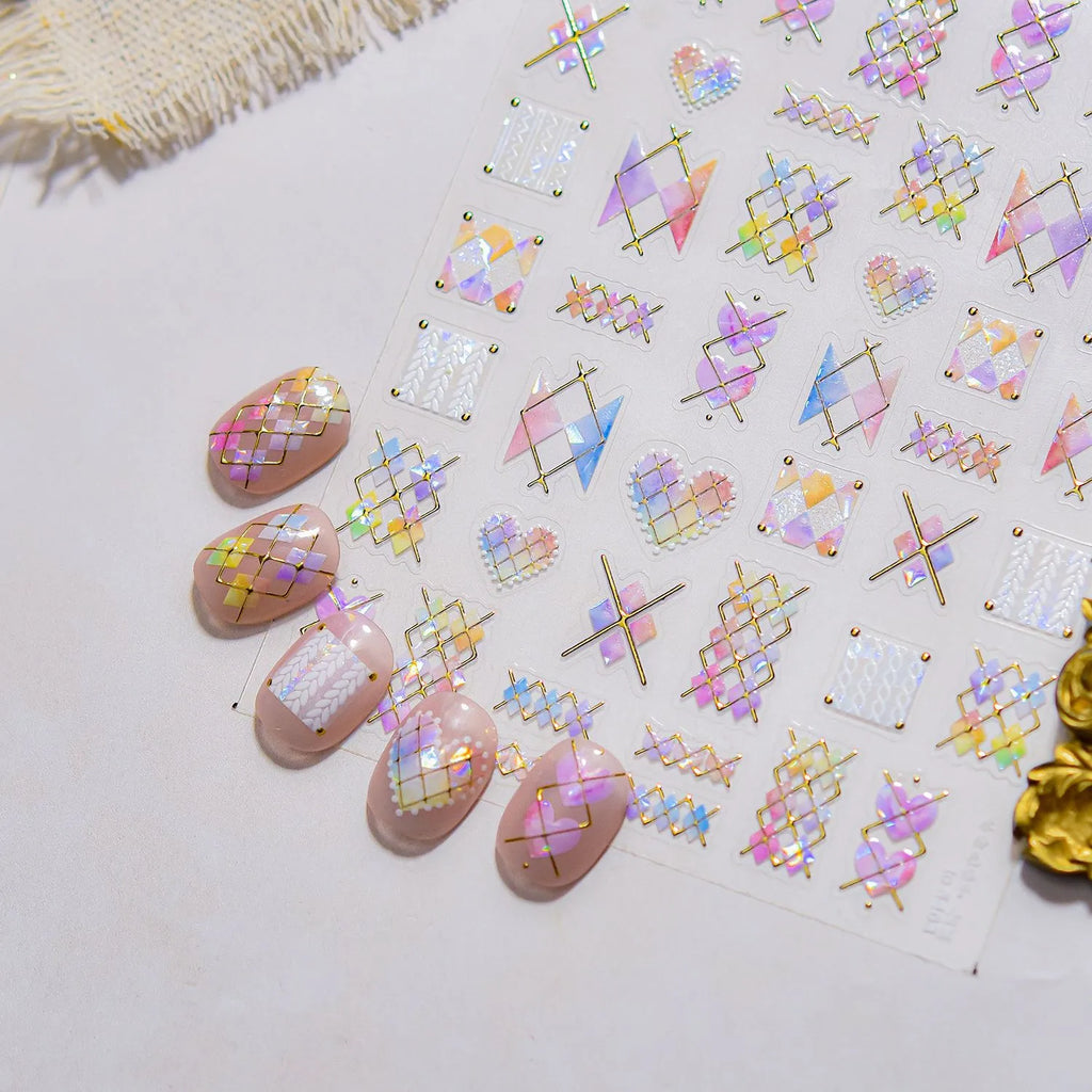 Holographic Geometric Nail Stickers | Gold Line & Knit Heart DIY Decals to5403
