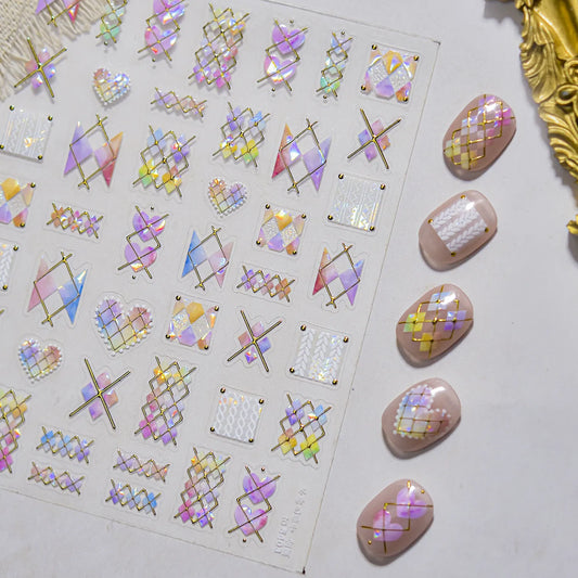 Holographic Geometric Nail Stickers | Gold Line & Knit Heart DIY Decals to5403