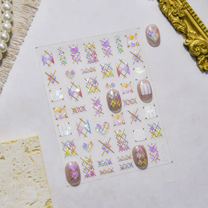 Holographic Geometric Nail Stickers | Gold Line & Knit Heart DIY Decals to5403