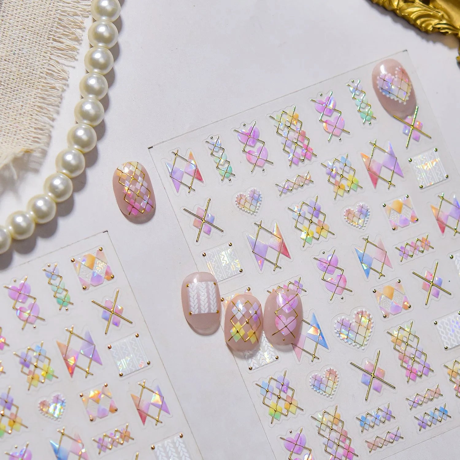 Holographic Geometric Nail Stickers | Gold Line & Knit Heart DIY Decals to5403
