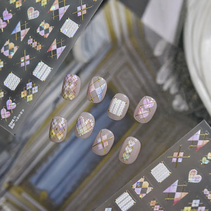 Holographic Geometric Nail Stickers | Gold Line & Knit Heart DIY Decals to5403