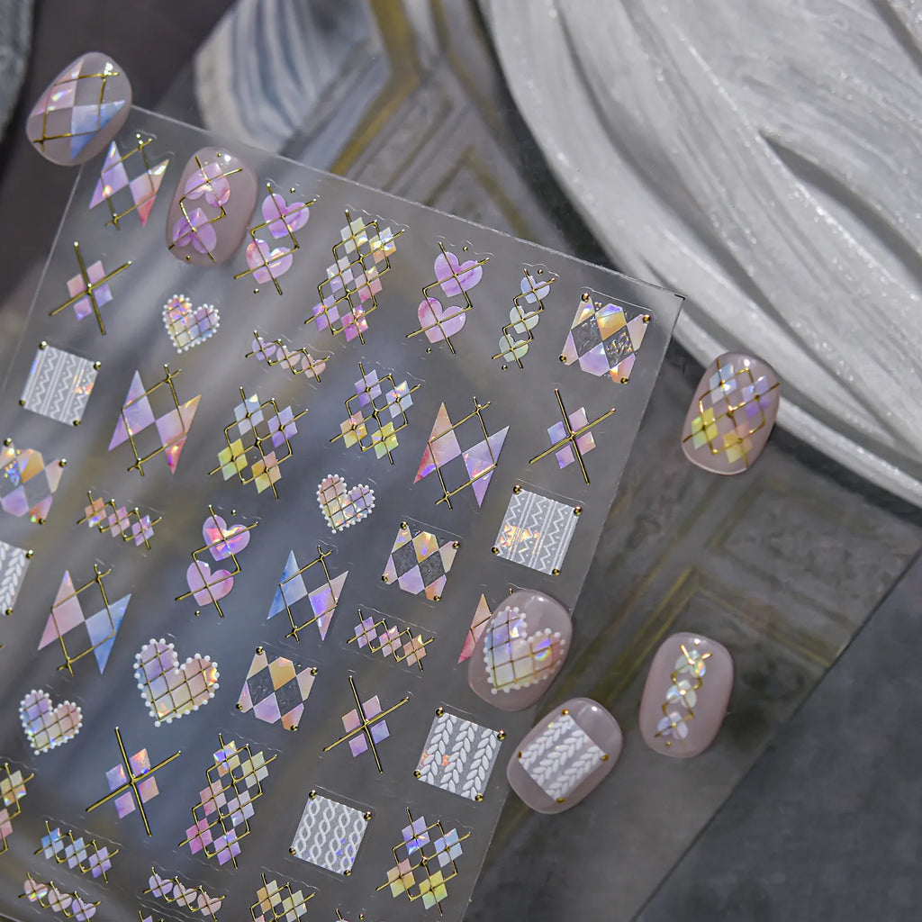 Holographic Geometric Nail Stickers | Gold Line & Knit Heart DIY Decals to5403