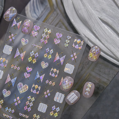 Holographic Geometric Nail Stickers | Gold Line & Knit Heart DIY Decals to5403