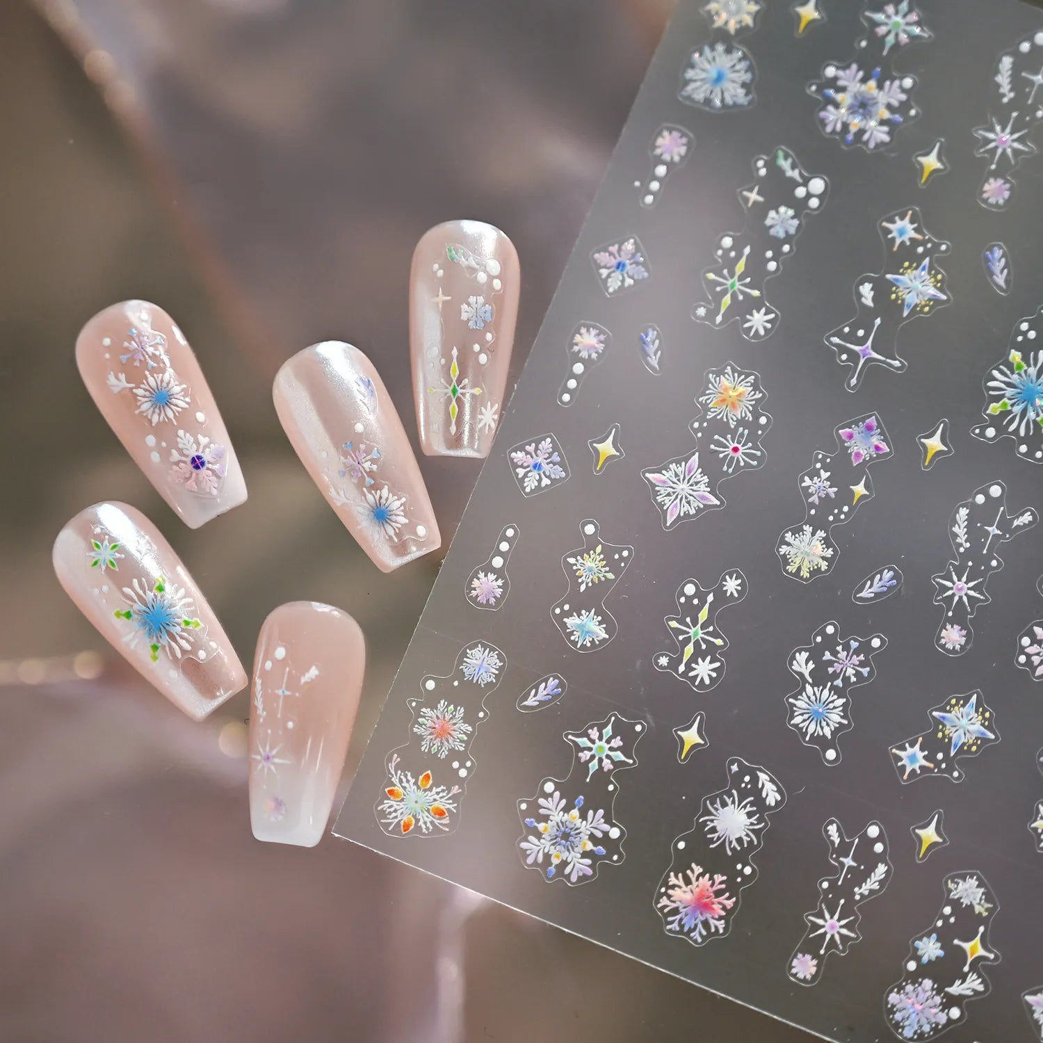 Holographic Snowflake & Star 3D Nail Stickers - Winter Christmas Nail Art Decals M834