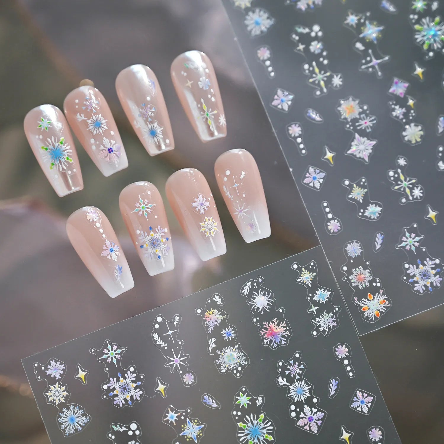 Holographic Snowflake & Star 3D Nail Stickers - Winter Christmas Nail Art Decals M834