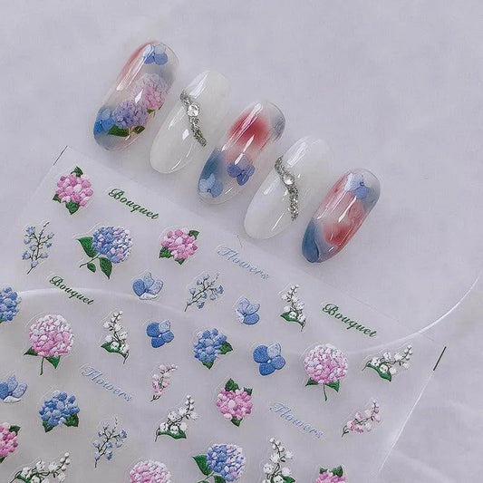 Hydrangeas Flower Nail Art Stickers Adhesive Slider Lily Of The Valley Flower Sticker Decals TS2783