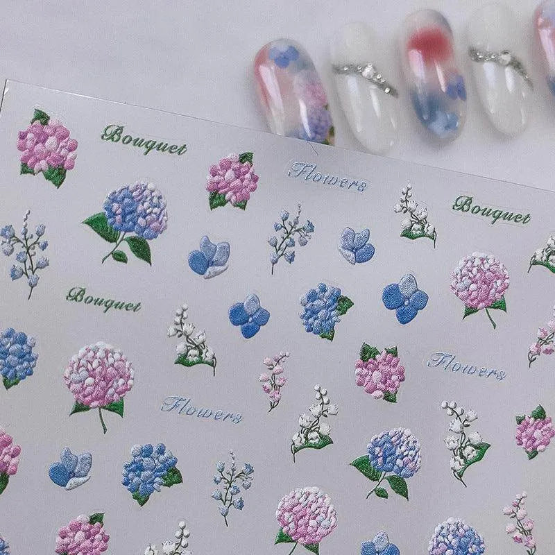 Hydrangeas Flower Nail Art Stickers Adhesive Slider Lily Of The Valley Flower Sticker Decals TS2783