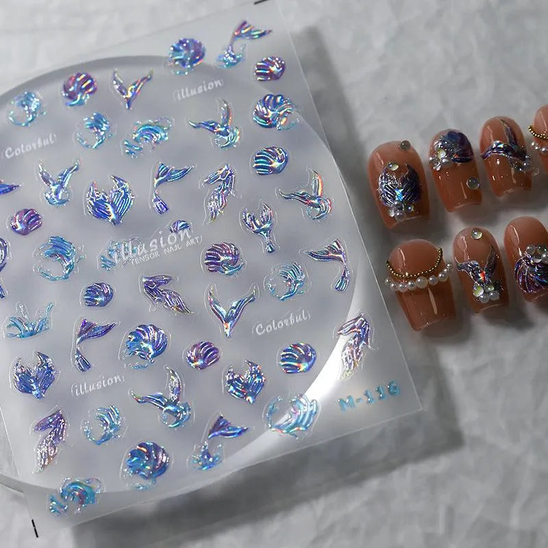 Illusion Mermaids Nail Art Stickers Sea Wave Jelly Adhesive Sticker Decals M115