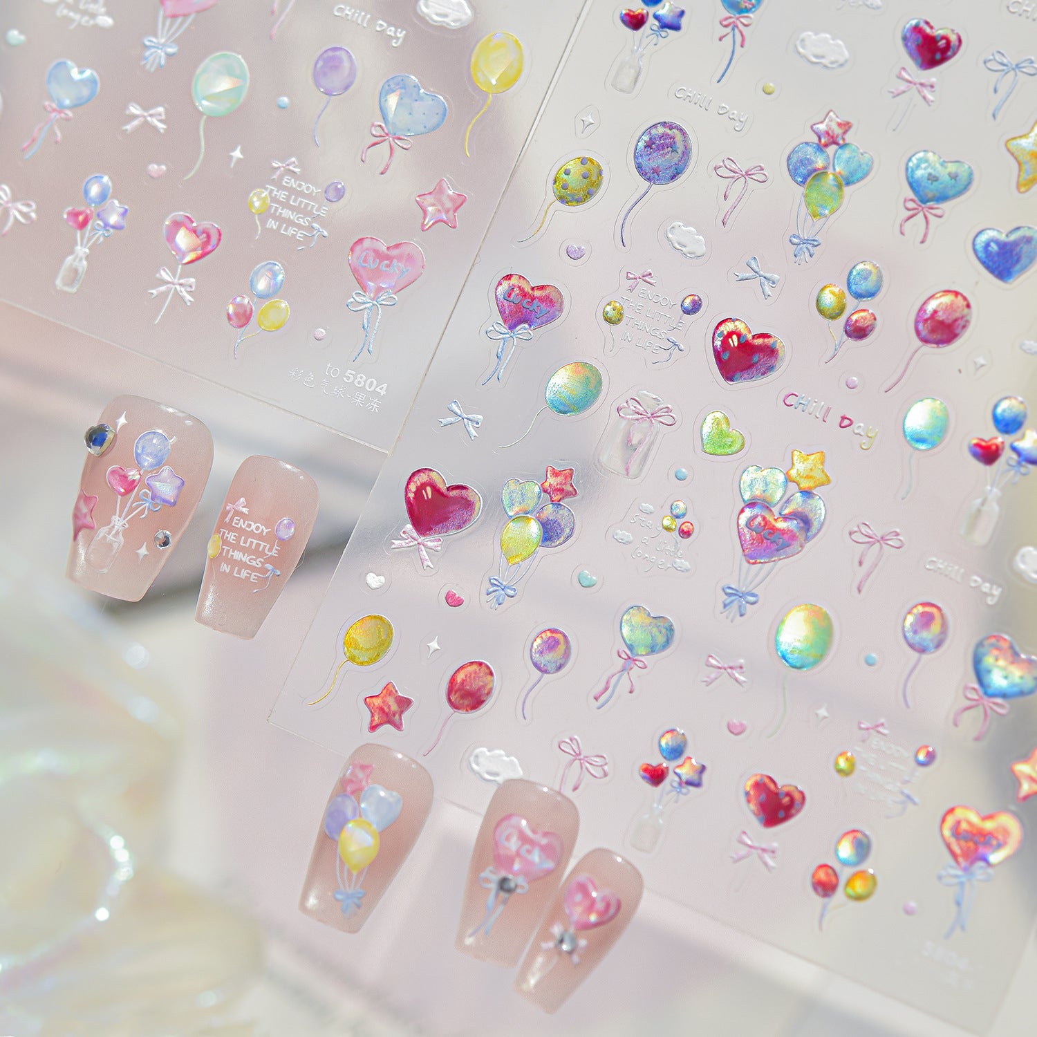 Jelly Balloon 3D Nail Stickers - Iridescent Heart & Bow Decals 