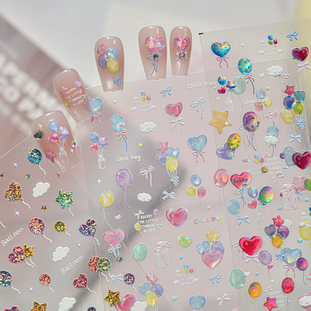 Jelly Balloon 3D Nail Stickers - Iridescent Heart & Bow Decals 