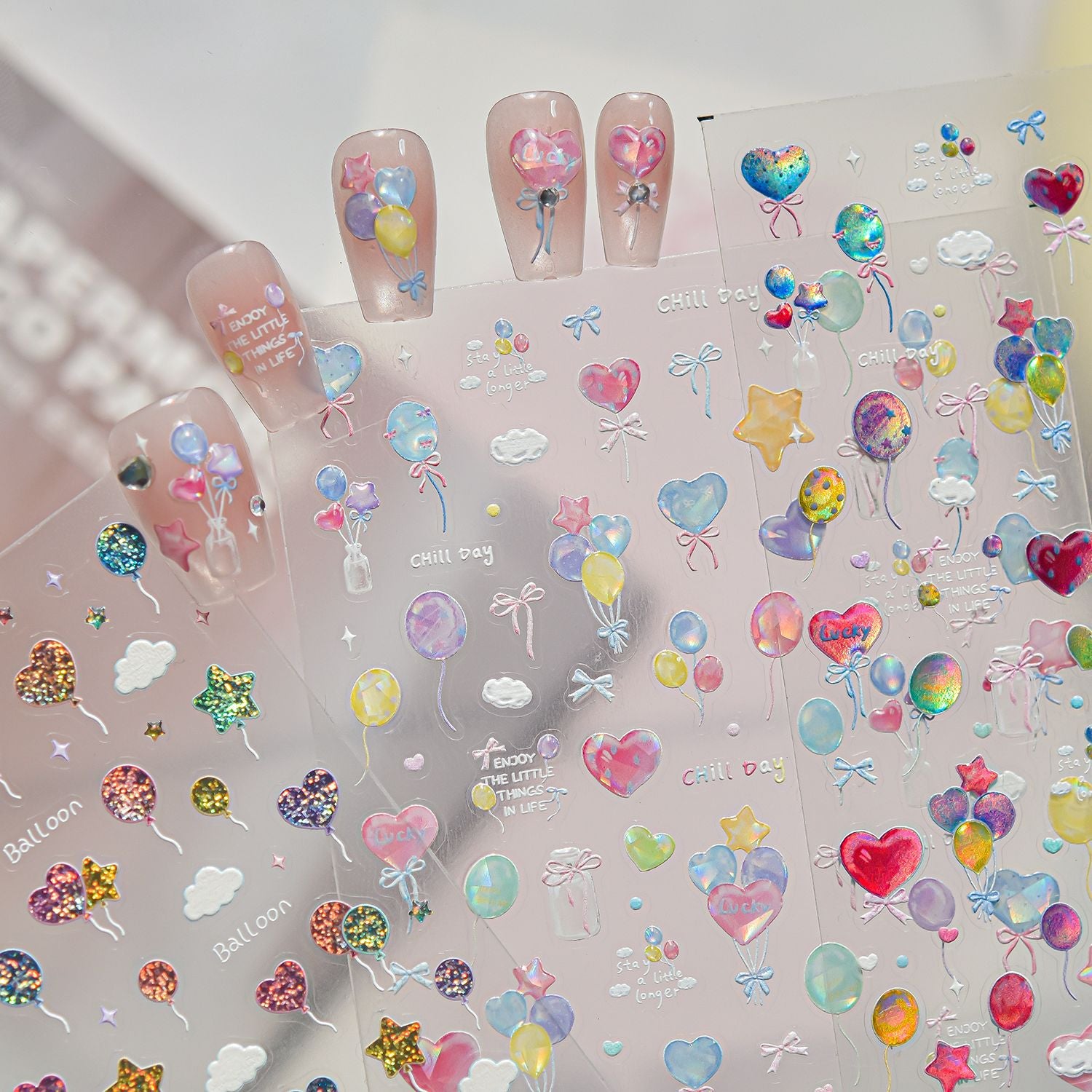 Jelly Balloon 3D Nail Stickers - Iridescent Heart & Bow Decals 