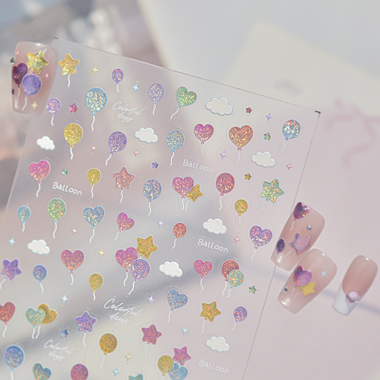 Jelly Balloon 3D Nail Stickers - Iridescent Heart & Bow Decals 
