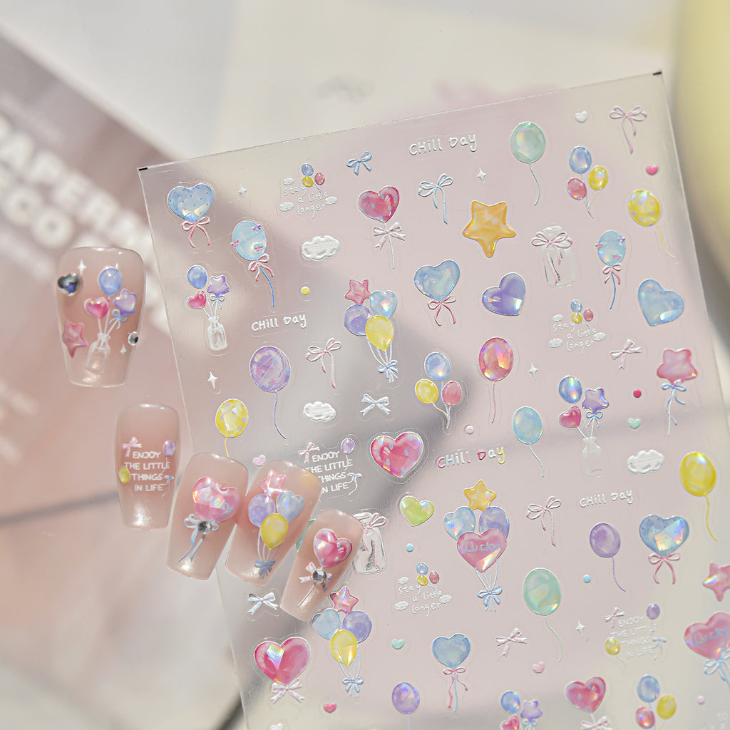 Jelly Balloon 3D Nail Stickers - Iridescent Heart & Bow Decals 