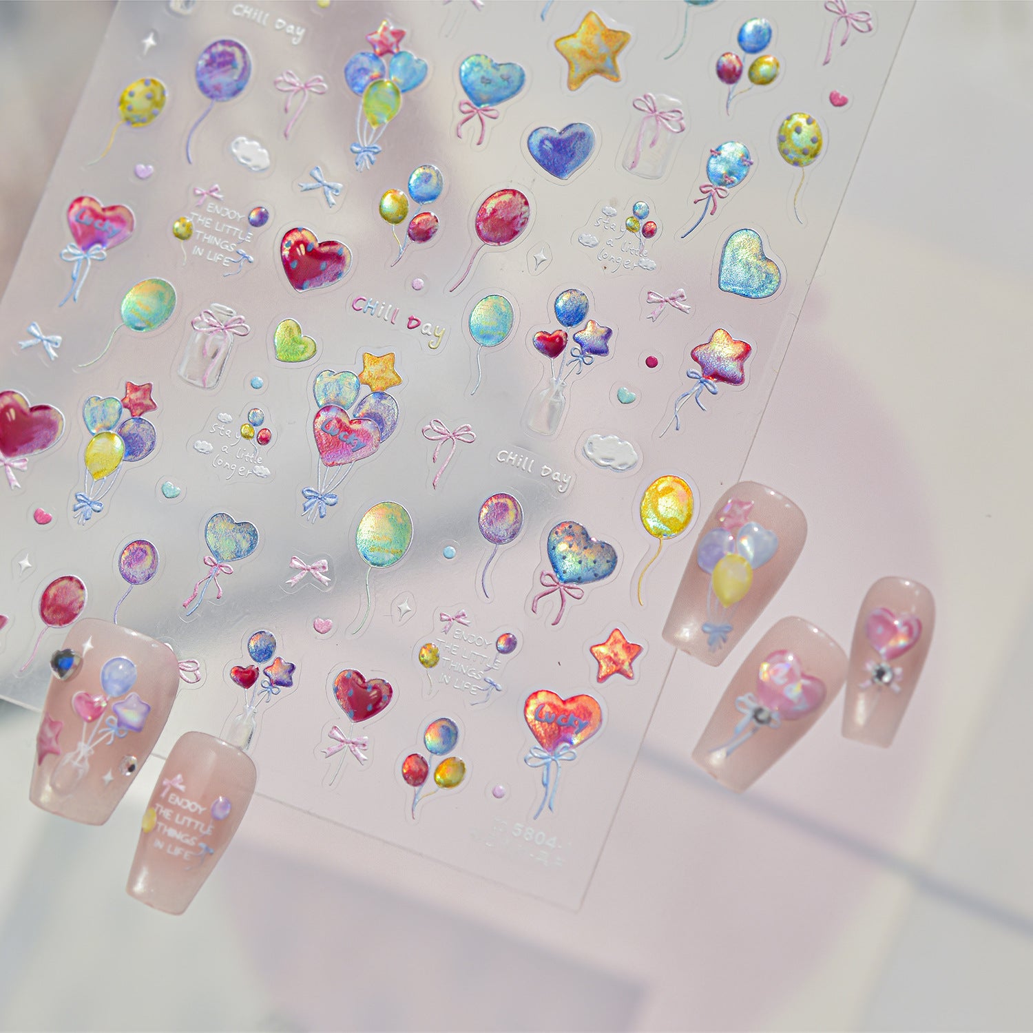 Jelly Balloon 3D Nail Stickers - Iridescent Heart & Bow Decals 
