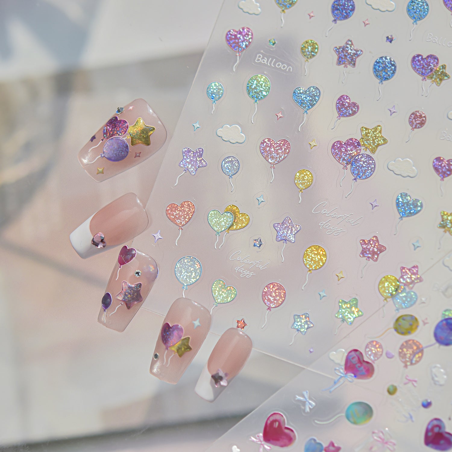 Jelly Balloon 3D Nail Stickers - Iridescent Heart & Bow Decals 