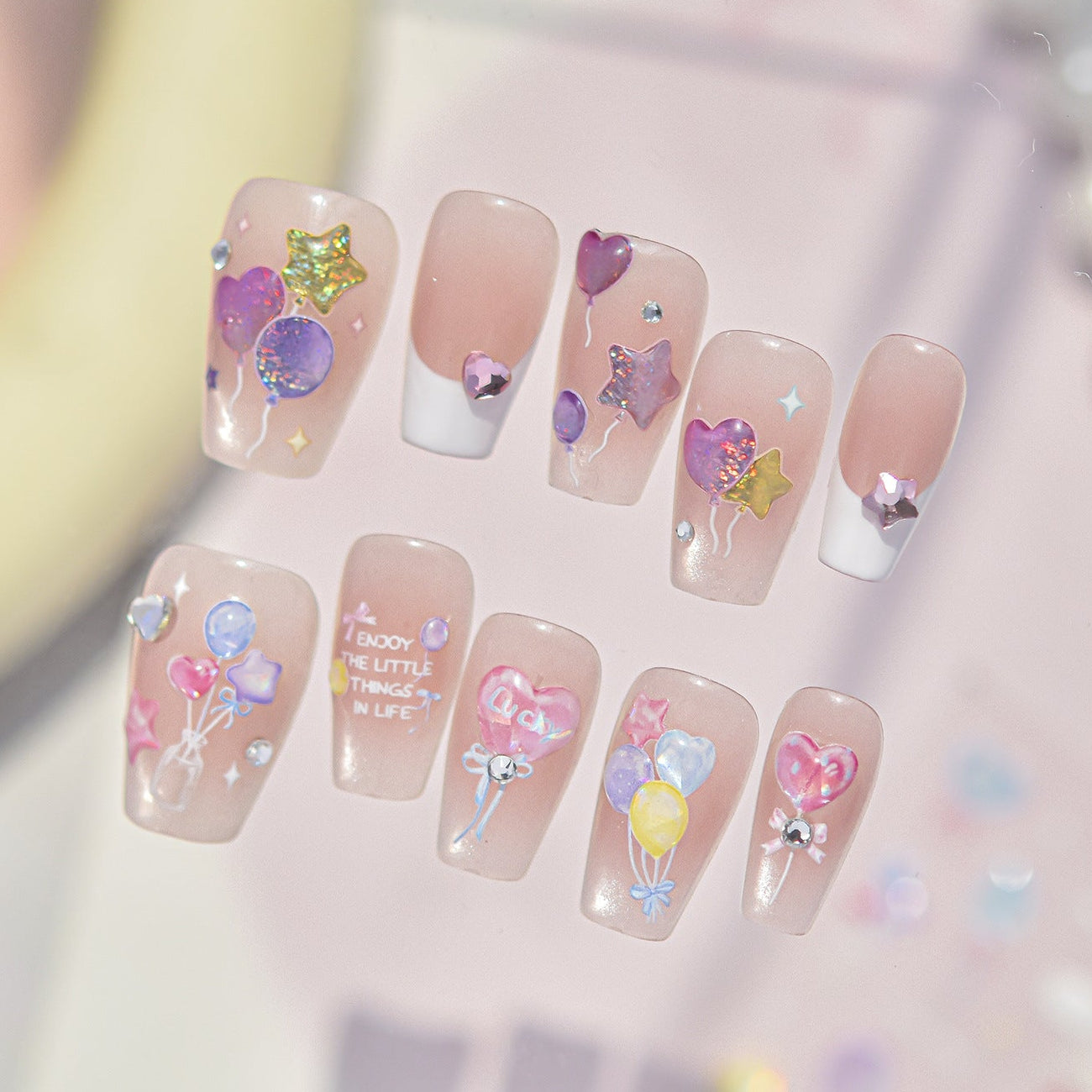 Jelly Balloon 3D Nail Stickers - Iridescent Heart & Bow Decals 