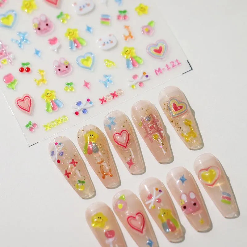 Jelly Colors Nail Art Stickers Adhesive Slider Cartoon Embossed Sticker Decals 