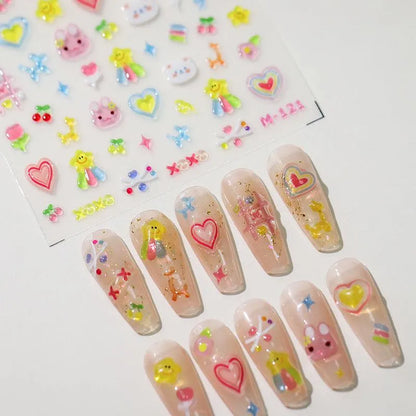 Jelly Colors Nail Art Stickers Adhesive Slider Cartoon Embossed Sticker Decals 