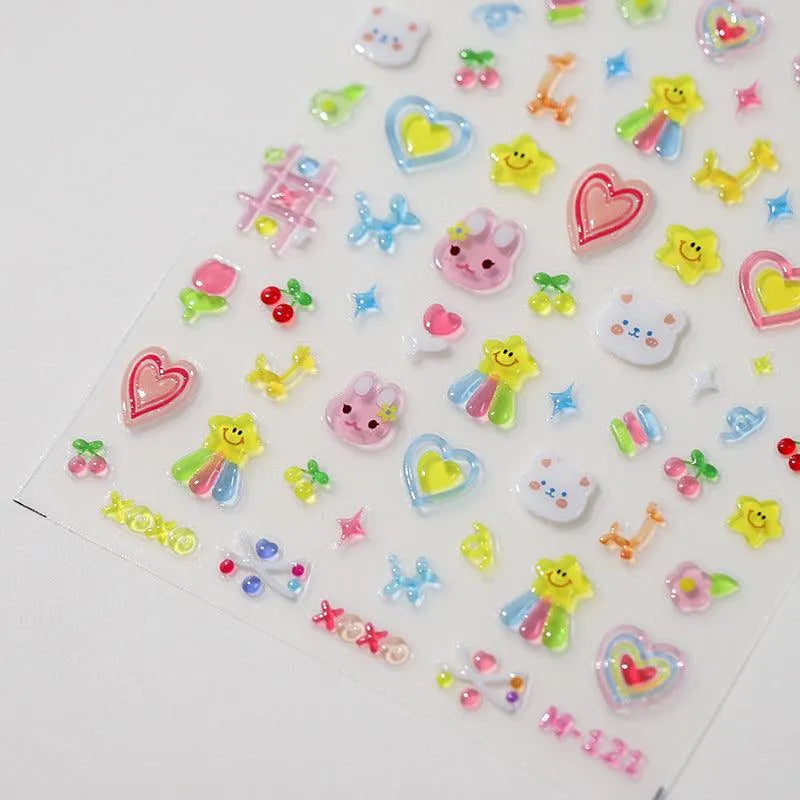 Jelly Colors Nail Art Stickers Adhesive Slider Cartoon Embossed Sticker Decals 