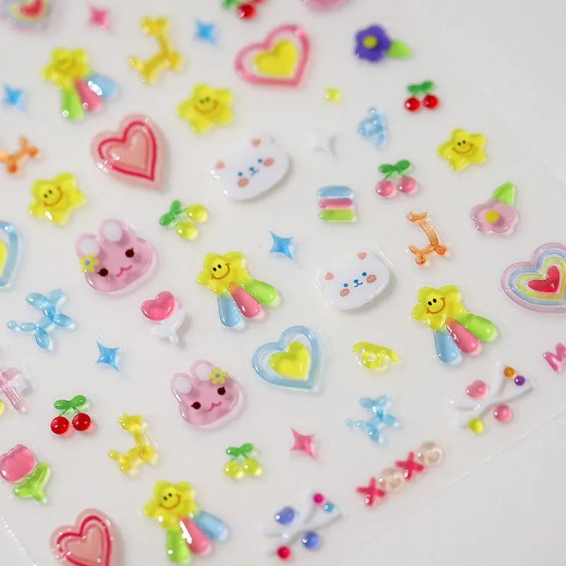 Jelly Colors Nail Art Stickers Adhesive Slider Cartoon Embossed Sticker Decals 