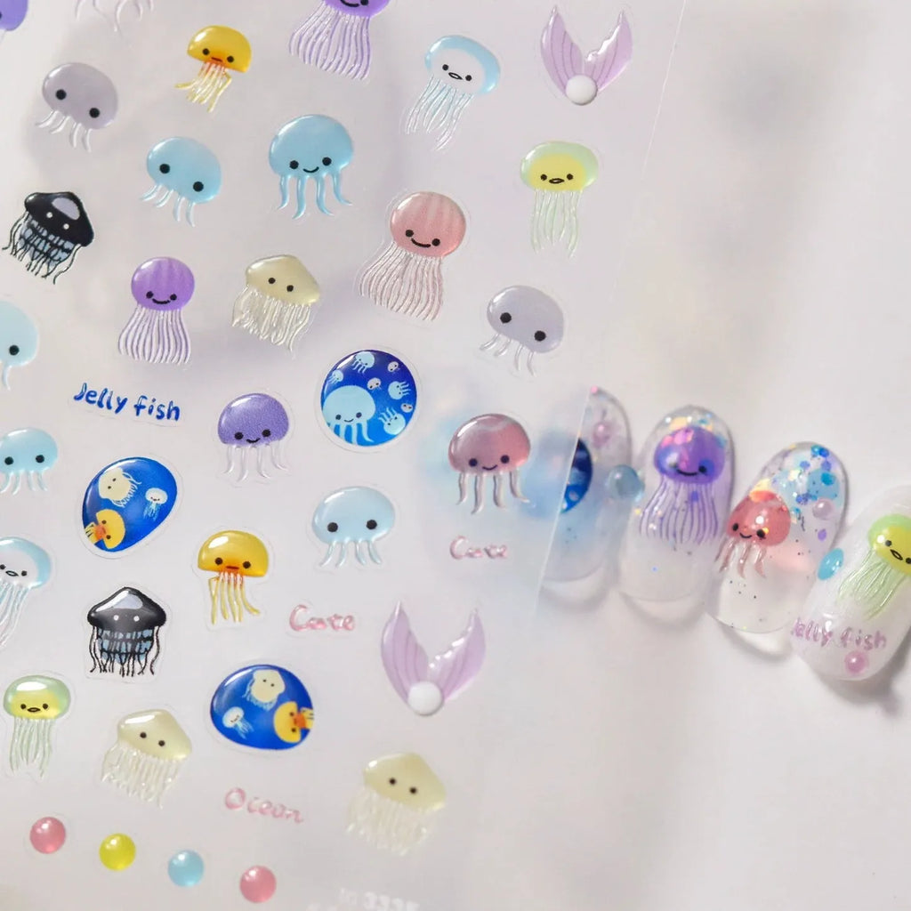 Jellyfish Cartoon Nail Art Stickers Adhesive Cute Summer Sea Sticker Decals M130