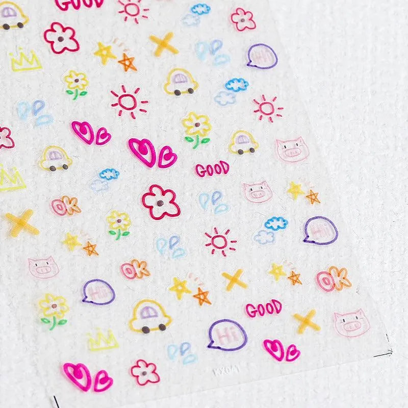 Graffiti Flower Nail Art Stickers Adhesive Embossed Cute Heart Sticker Decals KX041