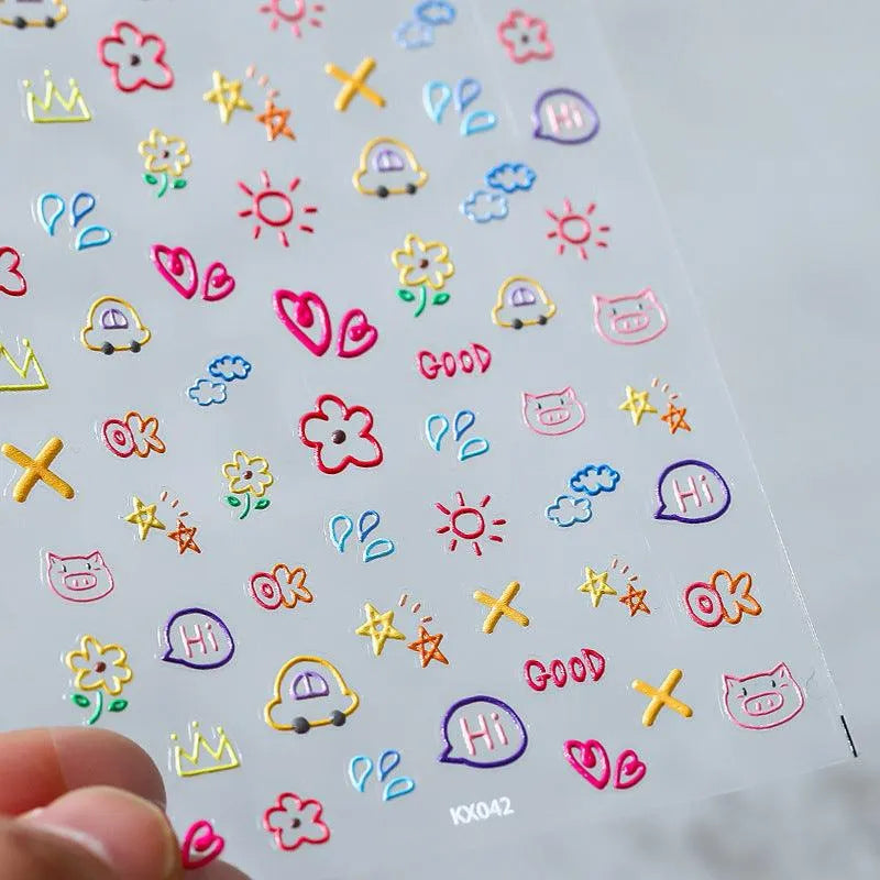 Graffiti Flower Nail Art Stickers Adhesive Embossed Cute Heart Sticker Decals KX042 embossed