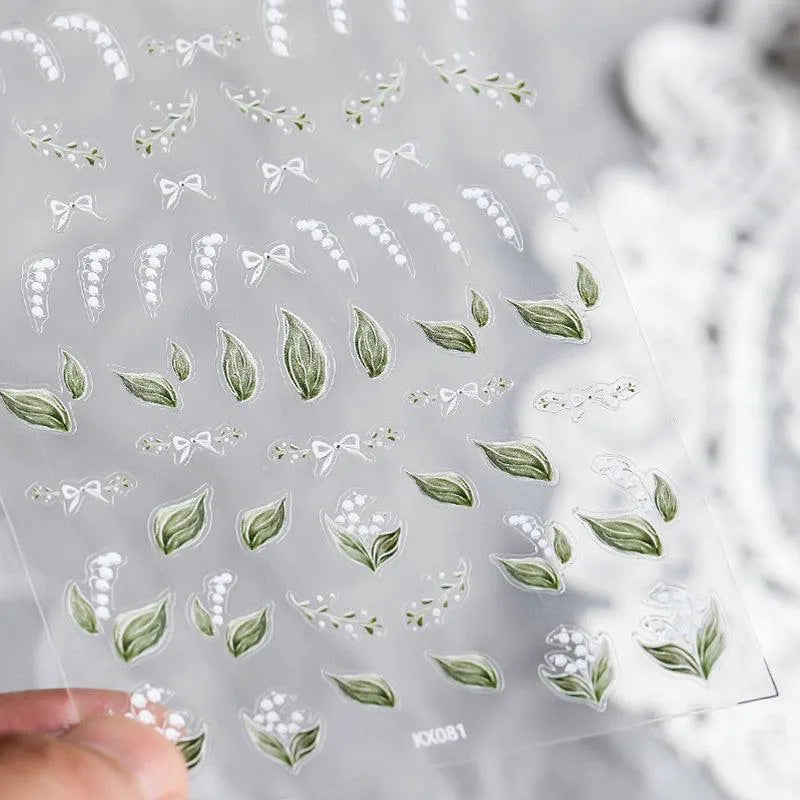 Convallaria Majalis Flower Nail Art Stickers Adhesive Slider Floral Leaf Sticker Decals KX081