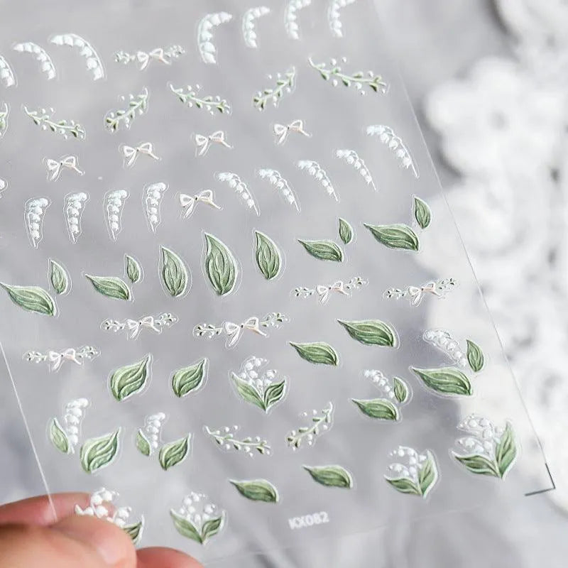 Convallaria Majalis Flower Nail Art Stickers Adhesive Slider Floral Leaf Sticker Decals KX082