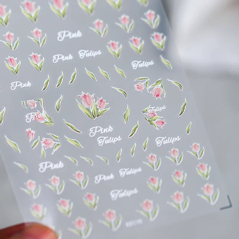 Tulips Nail Art Stickers Floral Adhesive Sliders Sticker Decals KX110 embossed