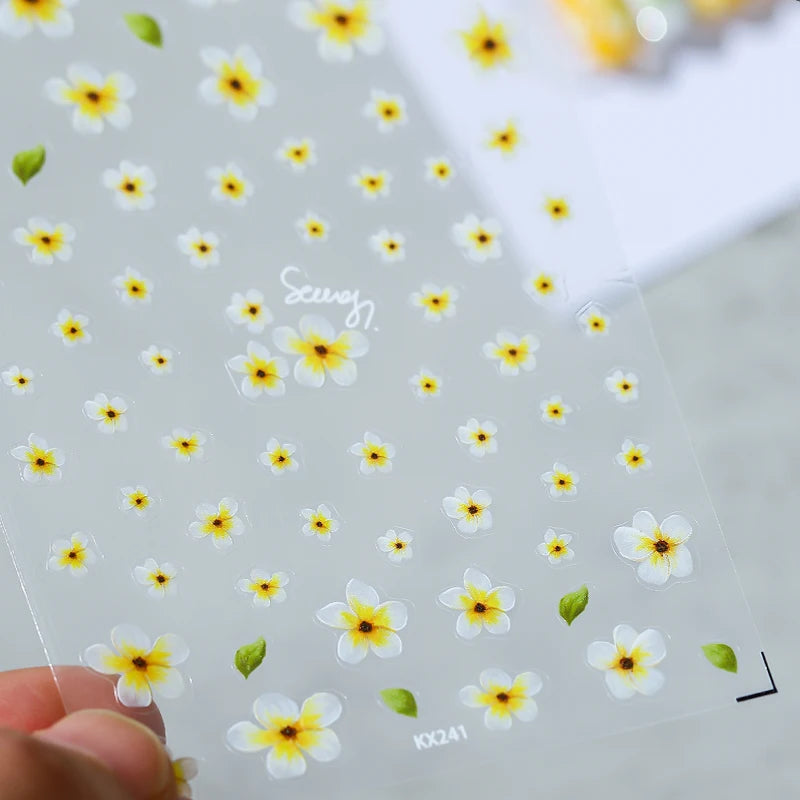 Flower Nail Art Stickers Adhesive Embossed Plumeria Sticker Decals KX241