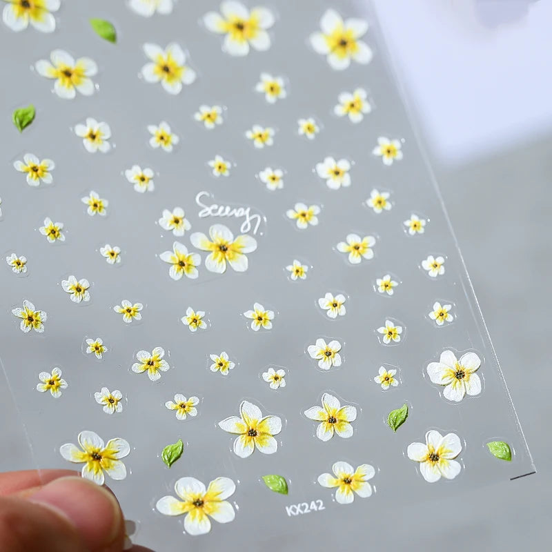 Flower Nail Art Stickers Adhesive Embossed Plumeria Sticker Decals KX242