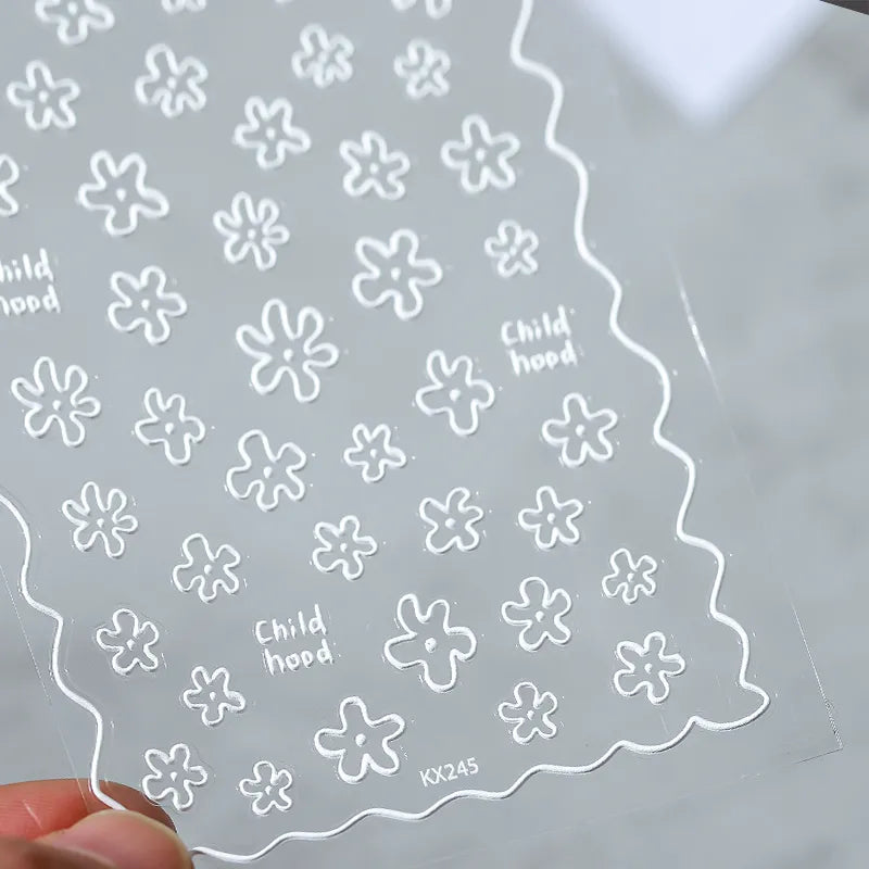 Doodle Floral Outline Nail Art Stickers Adhesive Embossed Matte Line Flower Sticker Decals KX245