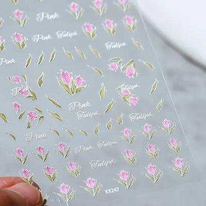 Tulips Nail Art Stickers Floral Adhesive Sliders Sticker Decals KX247 embossed