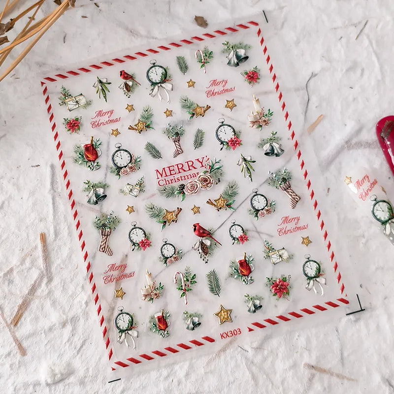 Christmas Tree Nail Art Stickers Adhesive Sliders Embossed Sticker Decals KX303 embossed