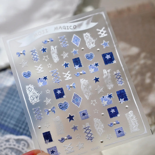 5D Y2K Denim & Lace Nail Stickers | Cute Blue Coquette Bow Nail Art Decals 481