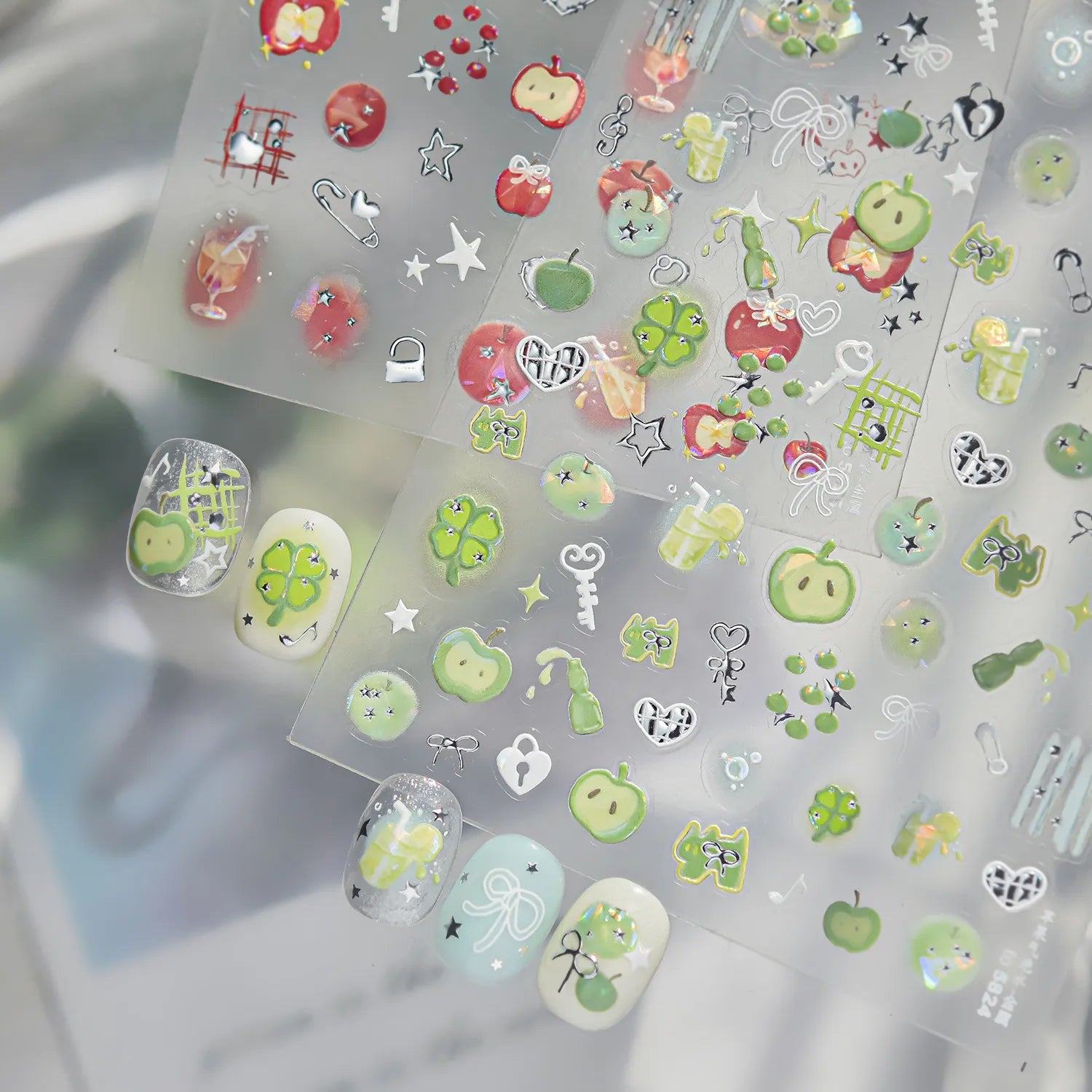 Kawaii 3D Apple & Clover Nail Stickers - Y2K Coquette Decals