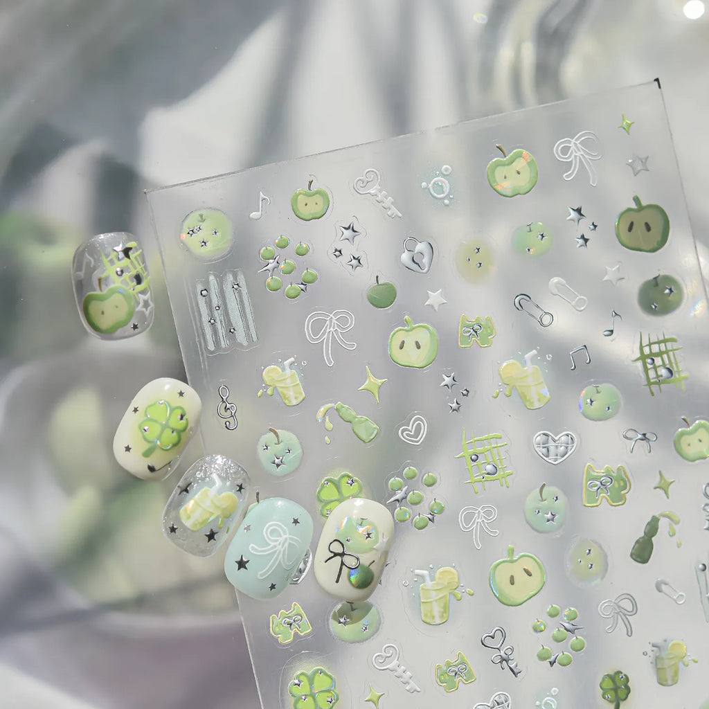 Kawaii 3D Apple & Clover Nail Stickers - Y2K Coquette Decals