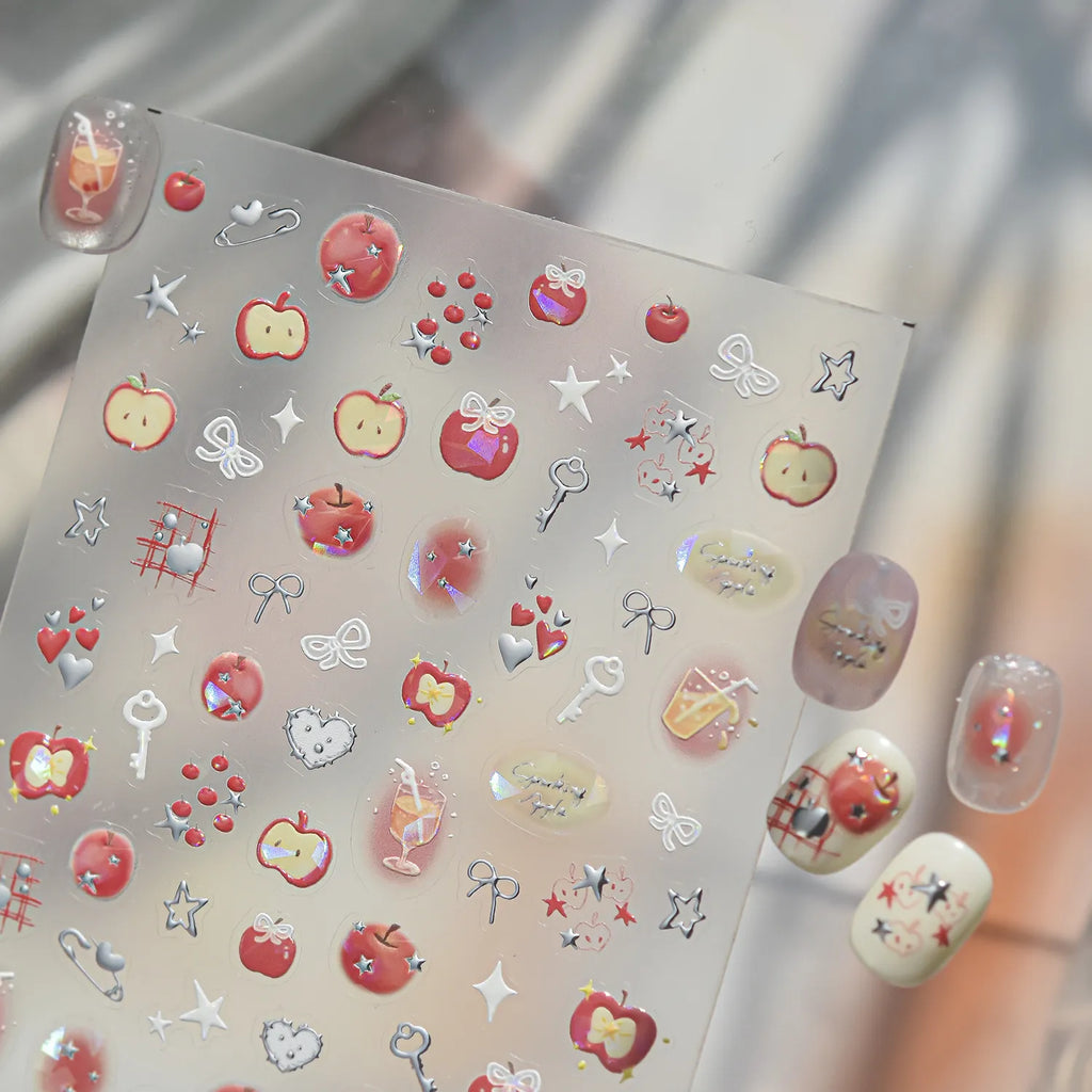 Kawaii 3D Apple & Clover Nail Stickers - Y2K Coquette Decals