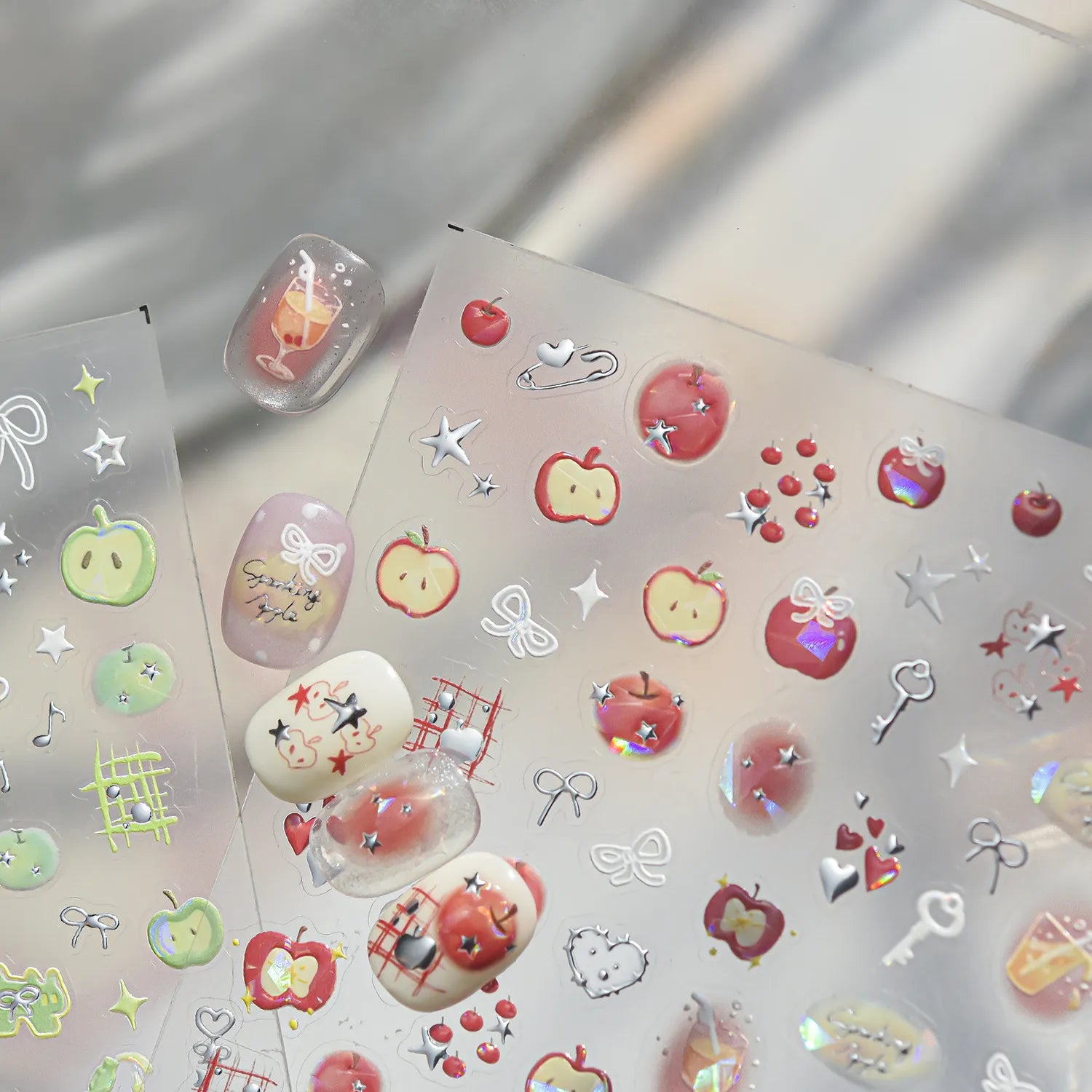 Kawaii 3D Apple & Clover Nail Stickers - Y2K Coquette Decals