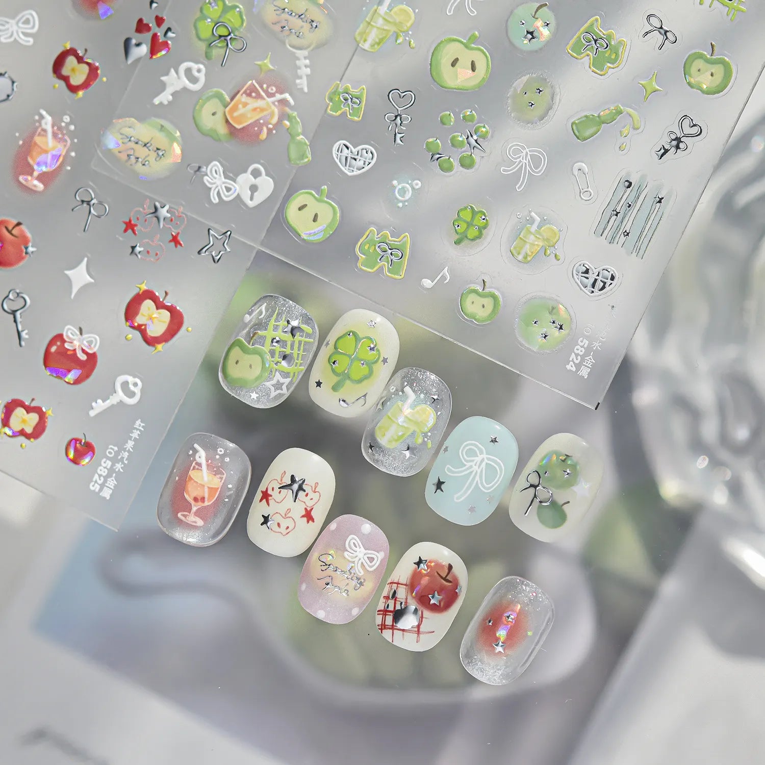Kawaii 3D Apple & Clover Nail Stickers - Y2K Coquette Decals