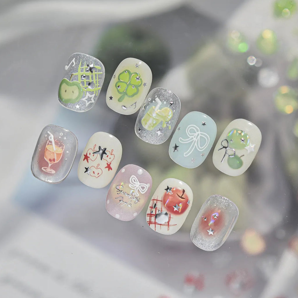 Kawaii 3D Apple & Clover Nail Stickers - Y2K Coquette Decals