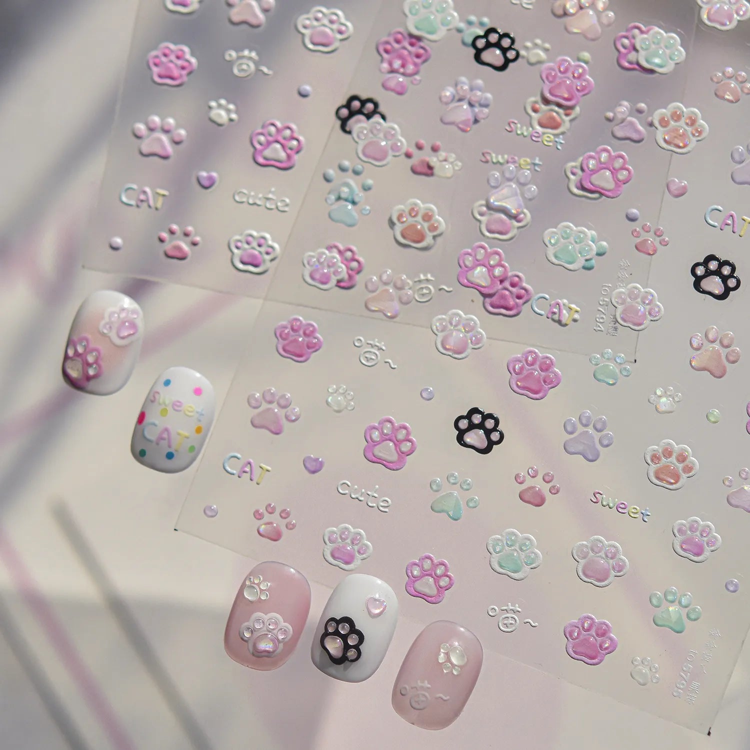 Kawaii 3D Cat Paw Nail Stickers - Cute Pastel Kitten Claws Decals