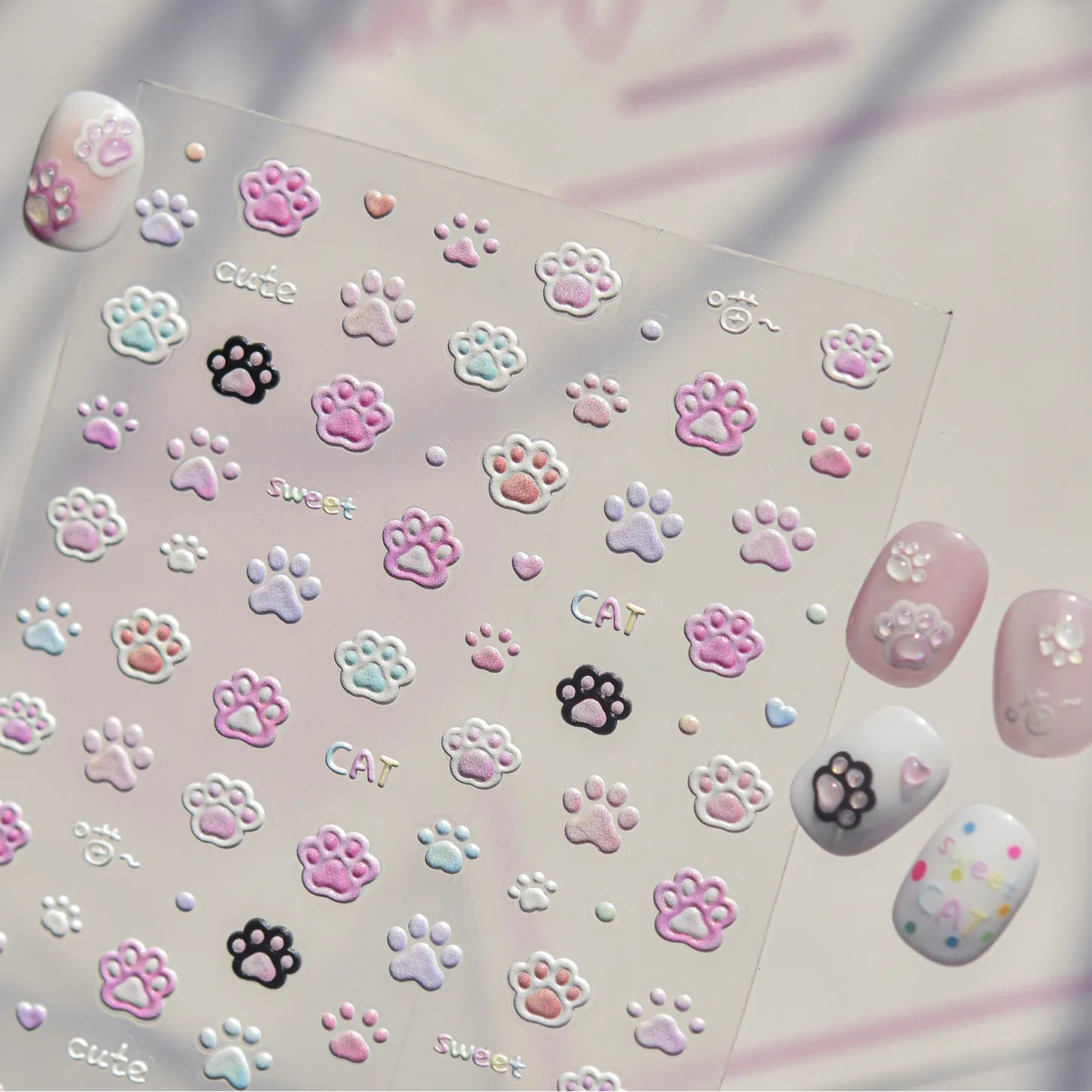 Kawaii 3D Cat Paw Nail Stickers - Cute Pastel Kitten Claws Decals