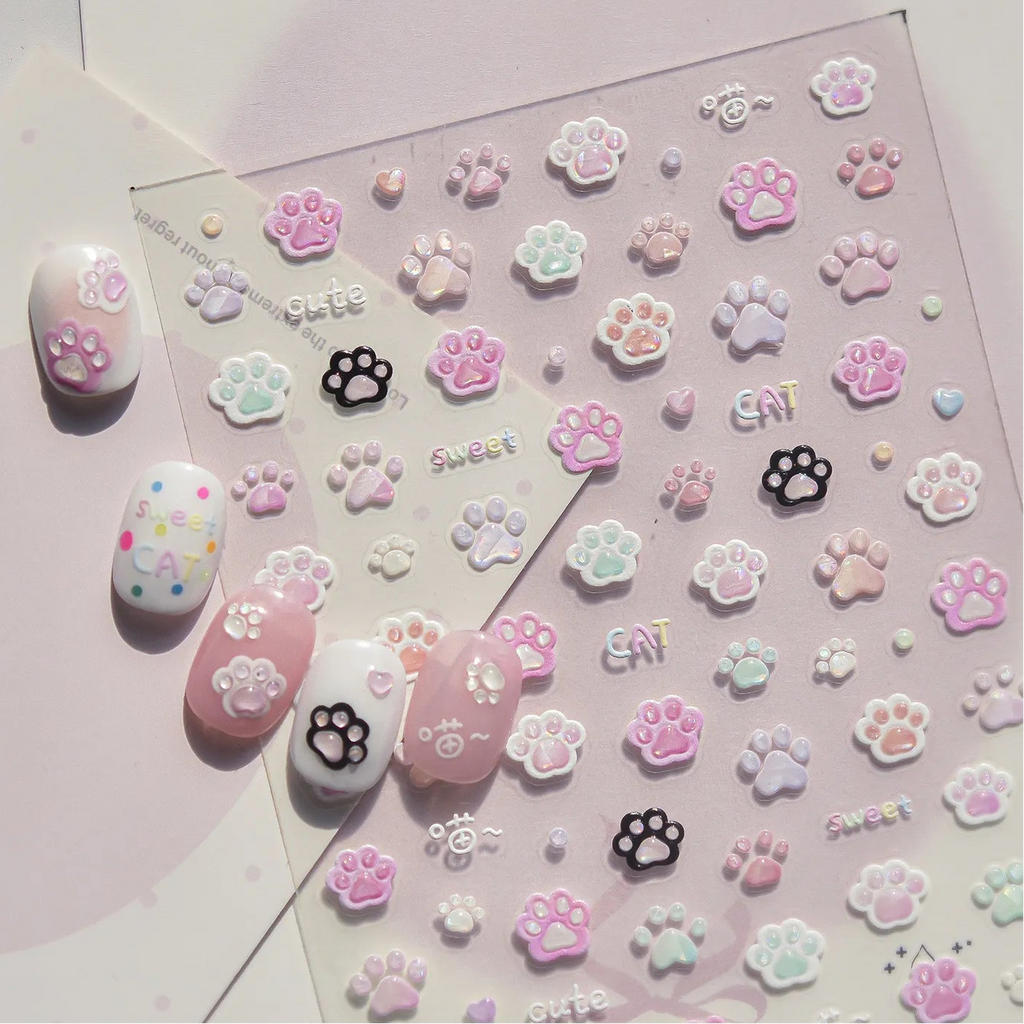 Kawaii 3D Cat Paw Nail Stickers - Cute Pastel Kitten Claws Decals