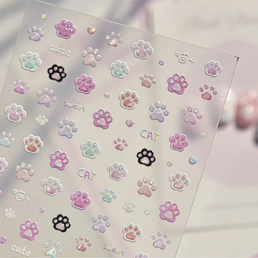 Kawaii 3D Cat Paw Nail Stickers - Cute Pastel Kitten Claws Decals