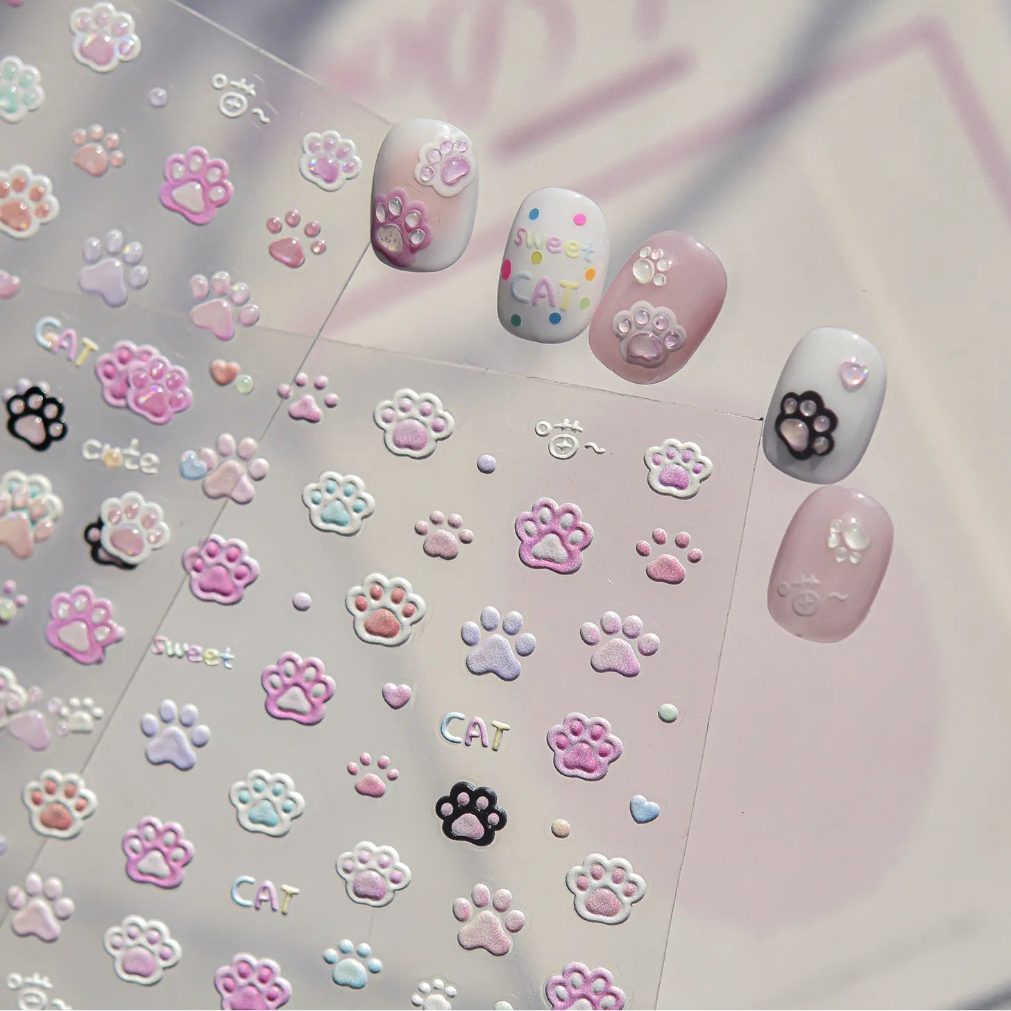 Kawaii 3D Cat Paw Nail Stickers - Cute Pastel Kitten Claws Decals