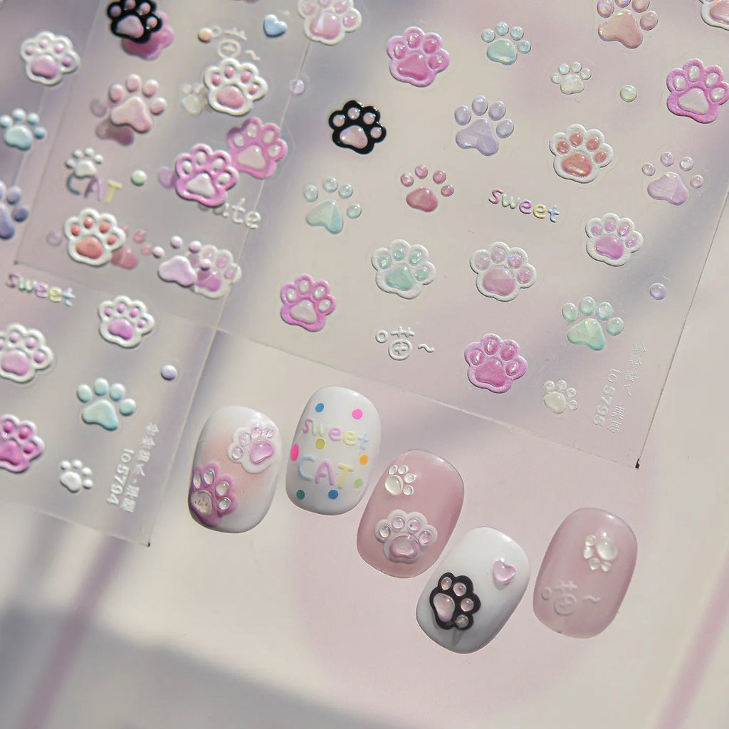 Kawaii 3D Cat Paw Nail Stickers - Cute Pastel Kitten Claws Decals