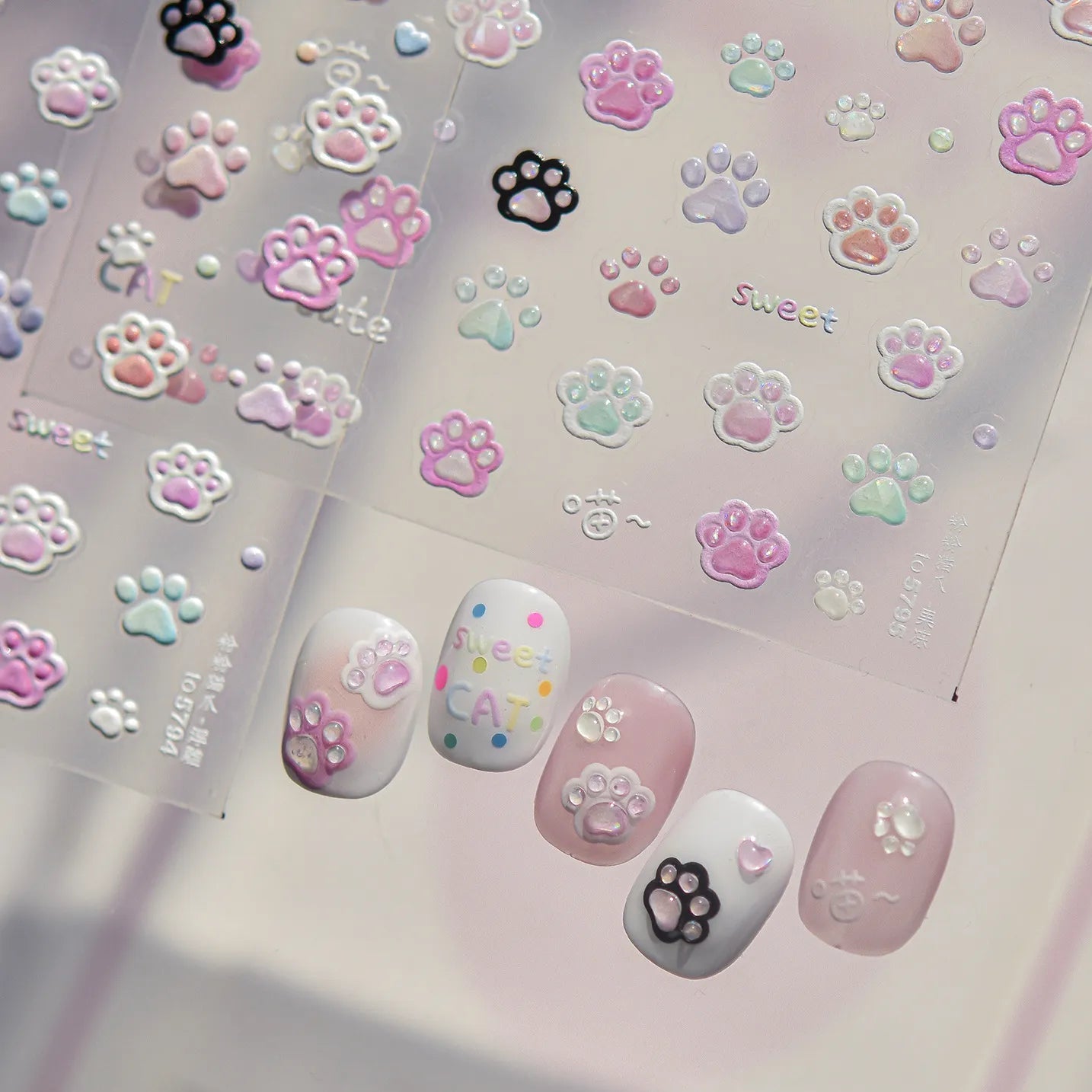 Kawaii 3D Cat Paw Nail Stickers - Cute Pastel Kitten Claws Decals