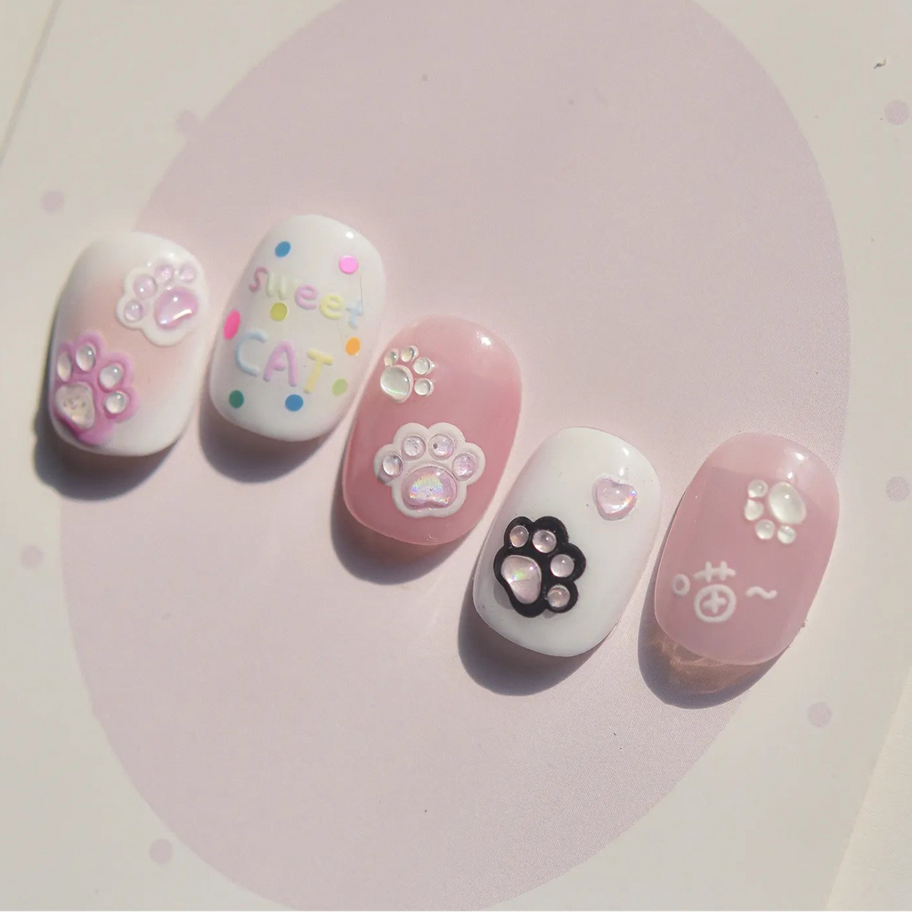 Kawaii 3D Cat Paw Nail Stickers - Cute Pastel Kitten Claws Decals
